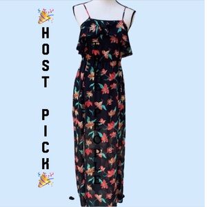 Candie’s Black Floral Bibed Front Detail Lined Maxi Dress